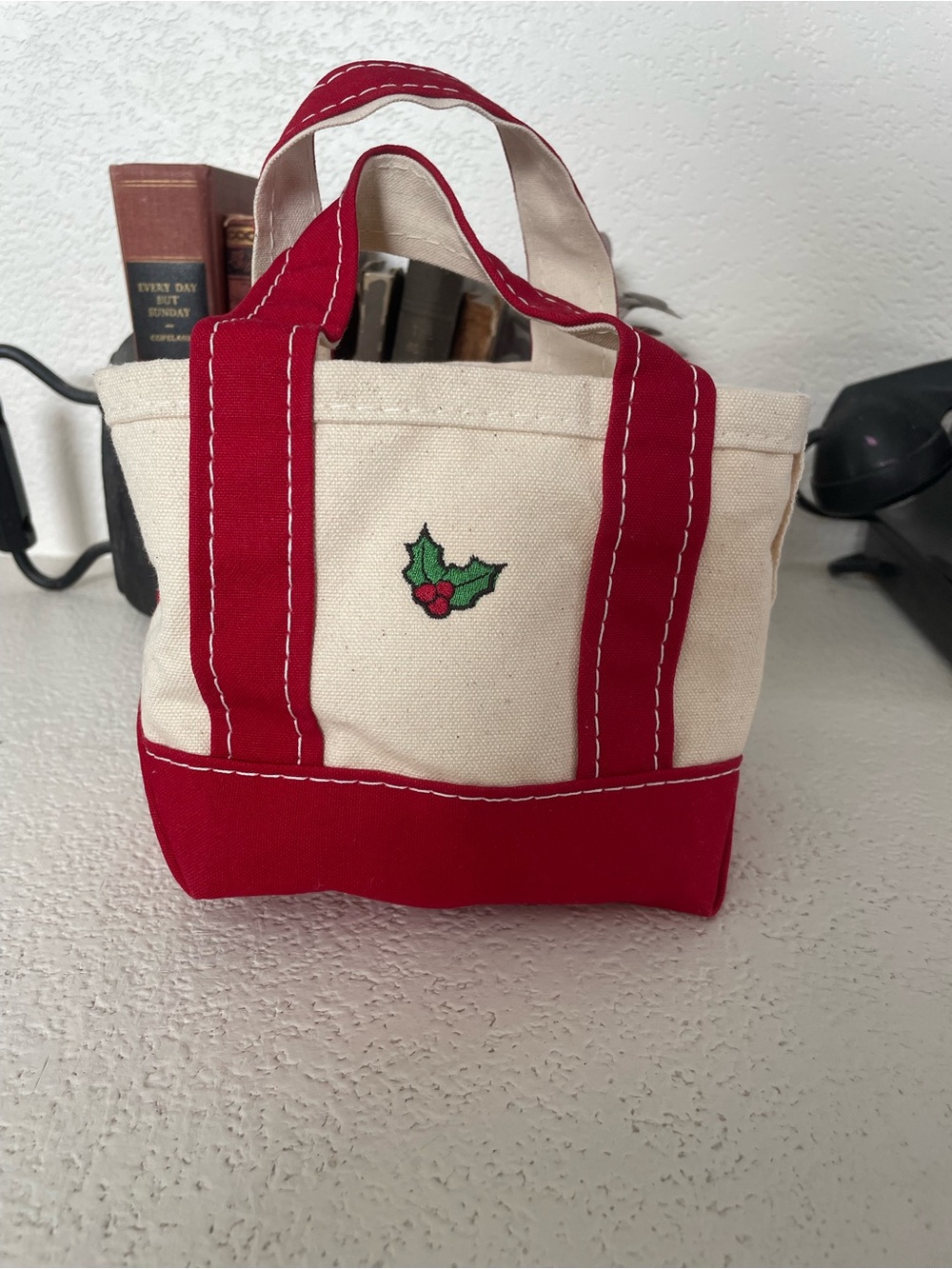 L.L. Bean Canvas Holiday Mini Boat and Tote with holly embroidery